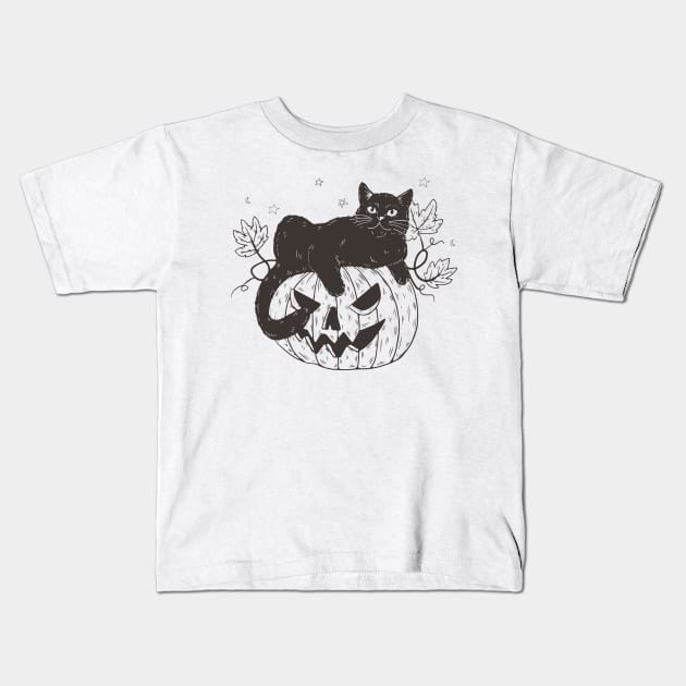 Halloween Black Cat Kids T-Shirt by edwardecho